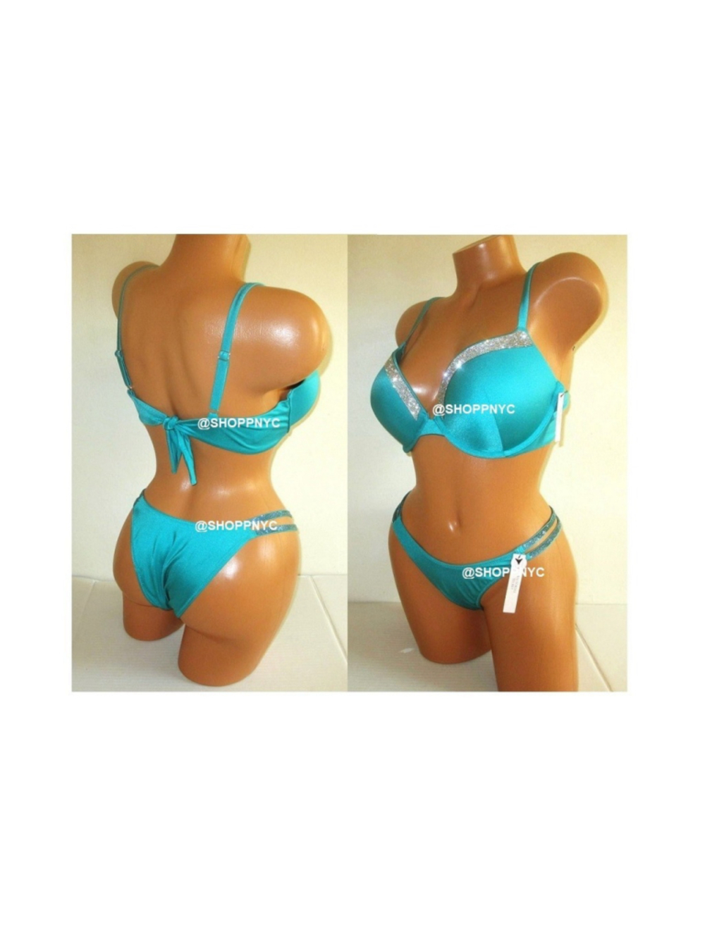 34B/M VICTORIA SECRET SWIM Shine Strap Push Up Top Bikini Set Brazilian Bottom